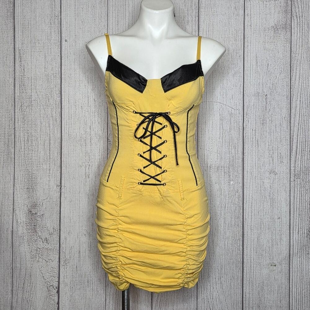 VTG 90s Y2K Yellow Corset Mini Dress, Lace Up Bodycon Ruched, sz Medium